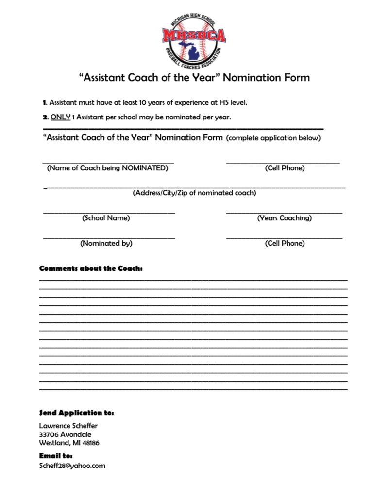 Don’t forget to nominate your Assistant Coaches for the MHSBCA Assistant Coach of the Year Award. Form can be found at mhsbca.org