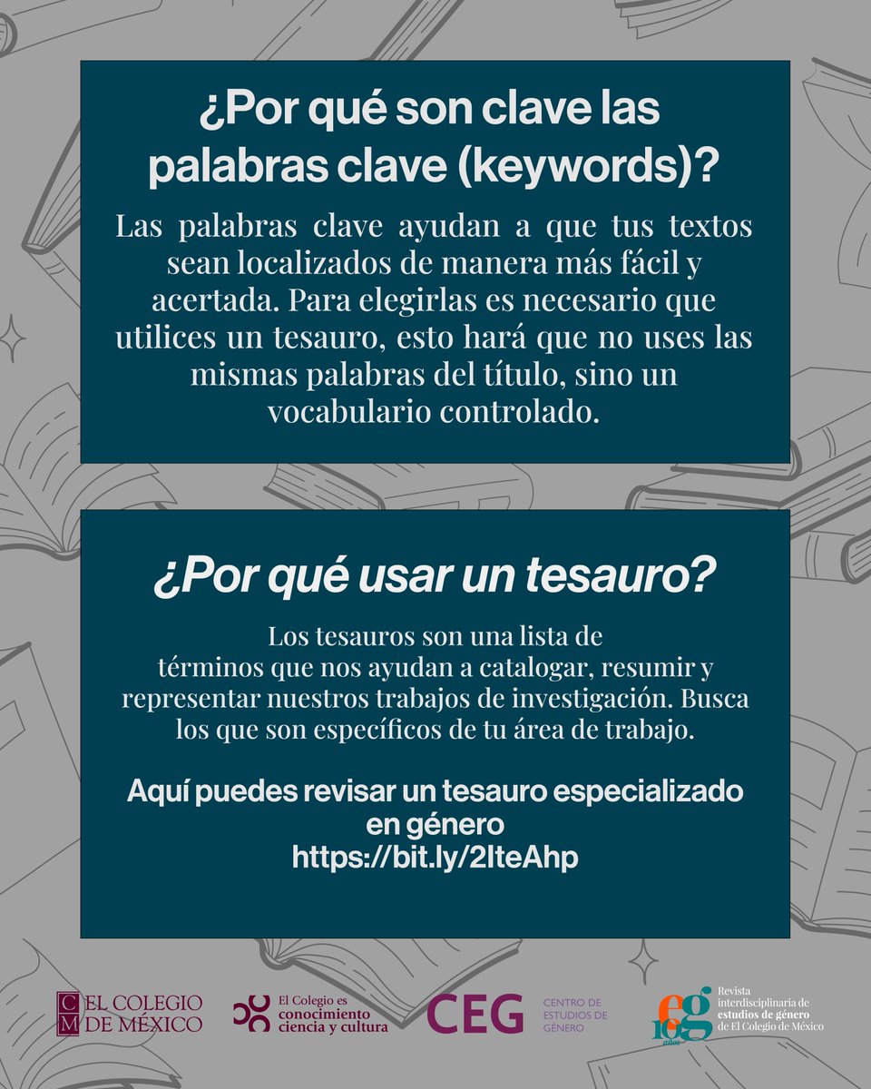 estudiosdgenero's tweet image. 🔍 ¿Sabes cómo elegir tus palabras clave? ¿Conoces los tesauros?
Son muy importantes para dar a conocer tus textos. Te dejamos más información en la siguiente infografía: