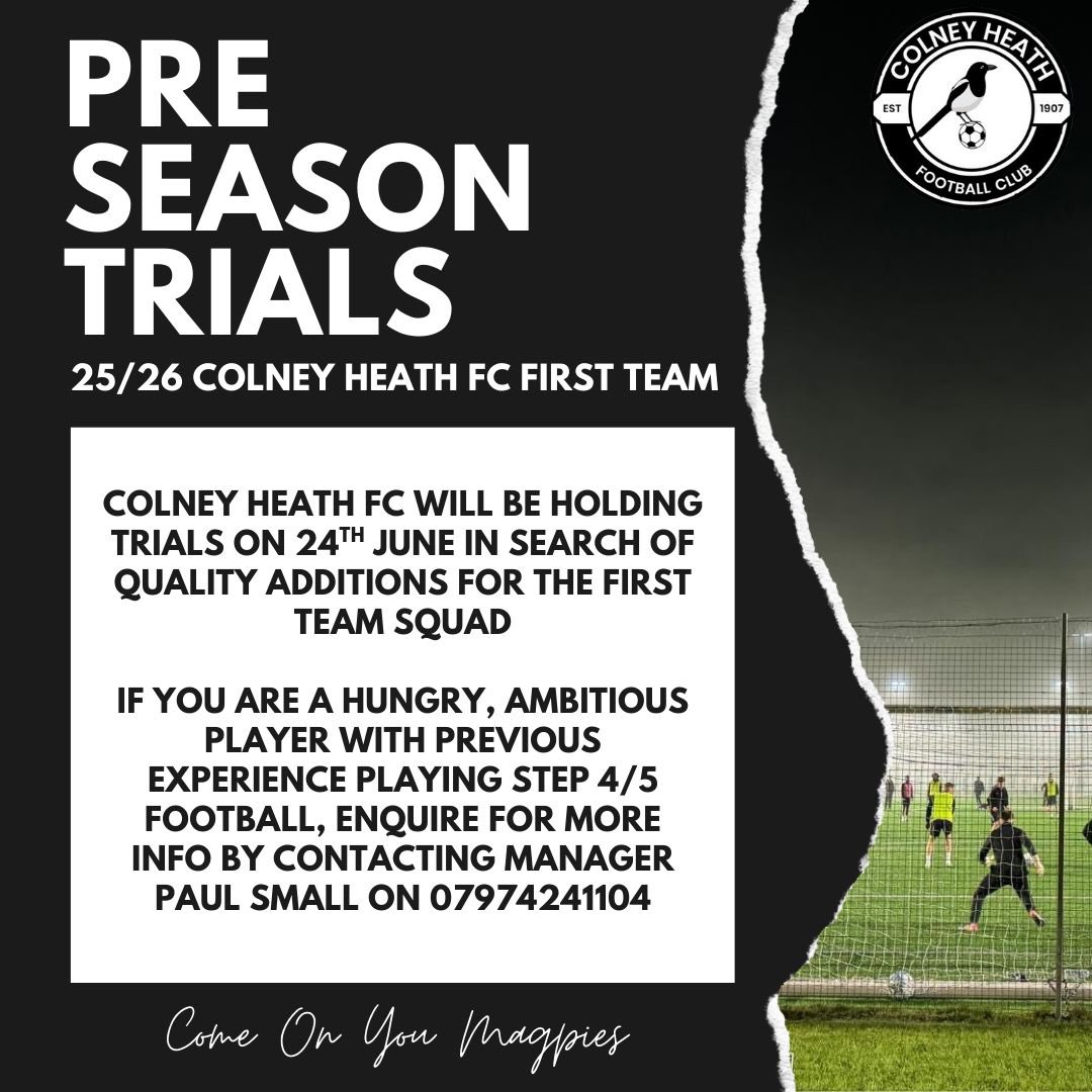 🚨 Pre-Season Trials
📅 24th June

We’re looking for ambitious players with Step 4/5 experience to join our 25/26 first team squad.

📲 Contact Paul Small to register: 07974 241104
❌ No walk-ins accepted