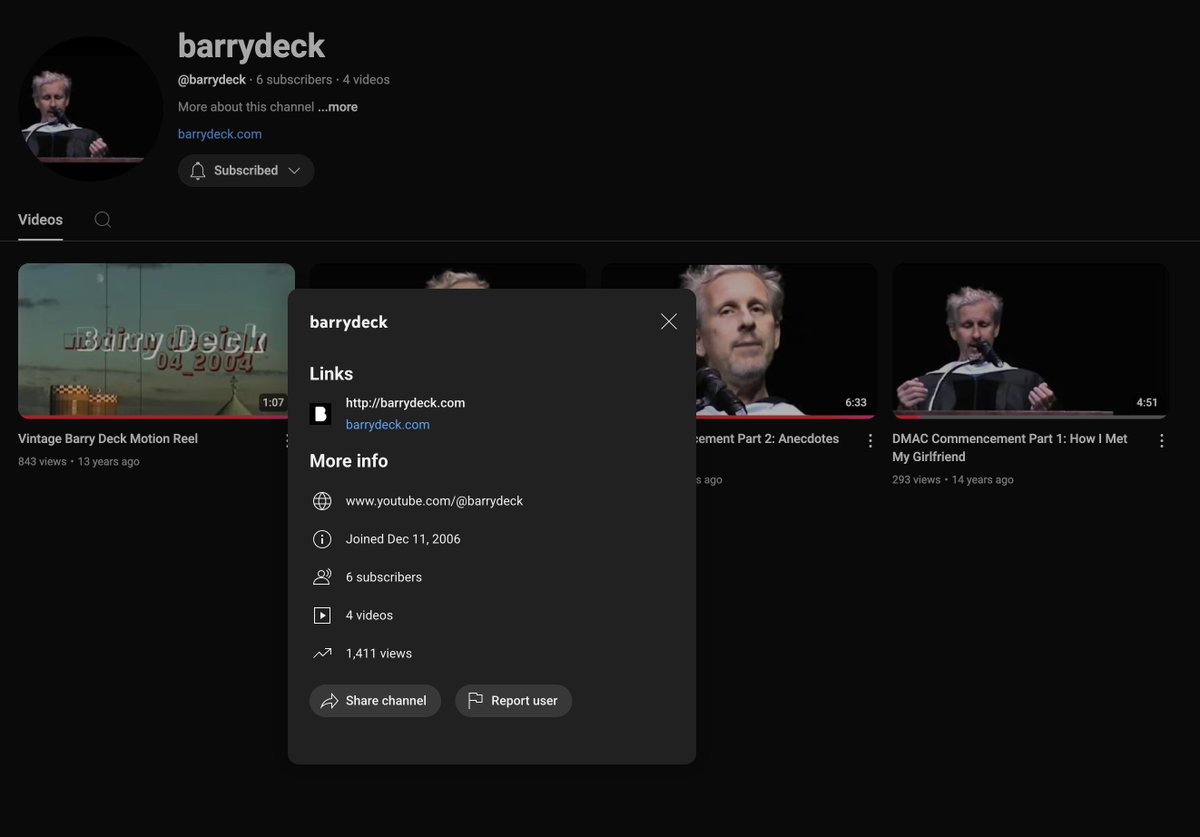 barrydeck's tweet photo. @TeamYouTube I'm glad you're here! @barrydeck is a legacy YouTube account that has not been accessed since 2014, and the gaia_link requires a long-lost password. But here is a screenshot with me, my domain, and my work in view. https://t.co/GgeA9xySOc