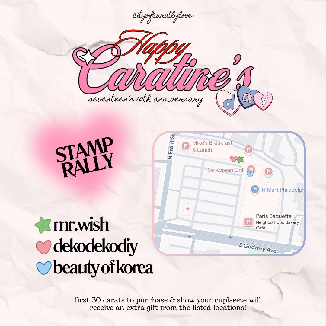 philly_carats's tweet photo. surprise!! 
celebrate seventeen's 10th anniversary with us on may 31st with a stamp rally!! 
the first 30 carats to purchase something &amp; show their cupsleeve at dekodekodiy and beauty of korea will receive an extra gift!! gifts for both locations will be different!! https://t.co/VMdggNsgiM
