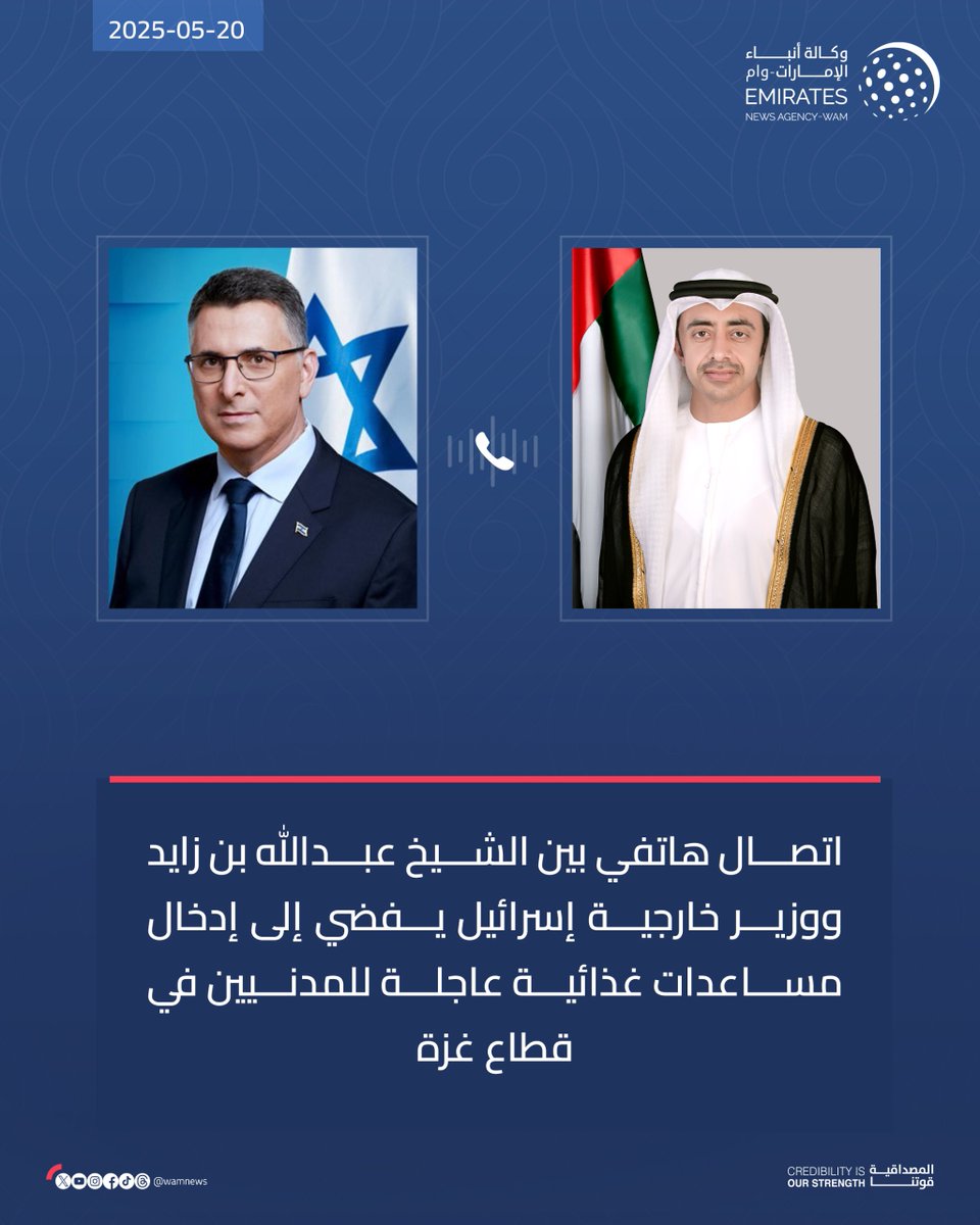 wamnews's tweet photo. اتصال هاتفي بين الشيخ عبدالله بن زايد ووزير خارجية إسرائيل يفضي إلى إدخال مساعدات غذائية عاجلة للمدنيين في قطاع غزة

#وام 

https://t.co/oBgkJp4hrz https://t.co/w4Thy3aPO6