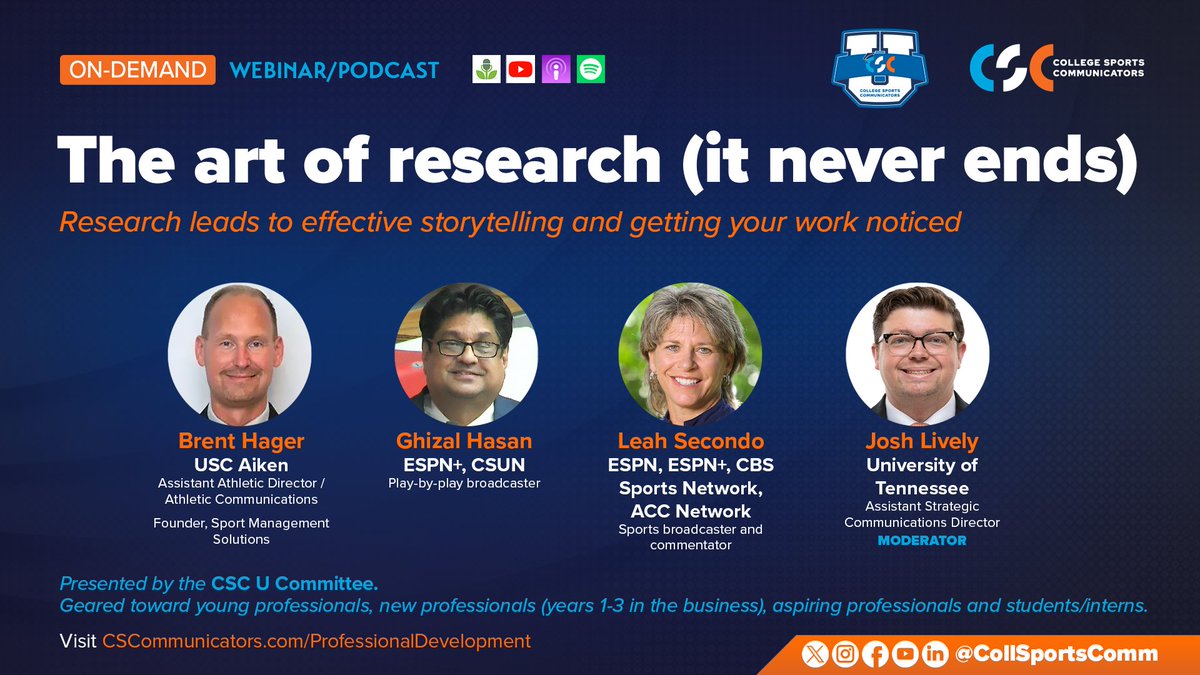 Research leads to effective storytelling and getting your work noticed! Today, our CSC U Summit panelists discussed how to find the best stories and notes to share on your communications platform and with media members, streaming broadcasters, etc.

Watch on-demand to learn more