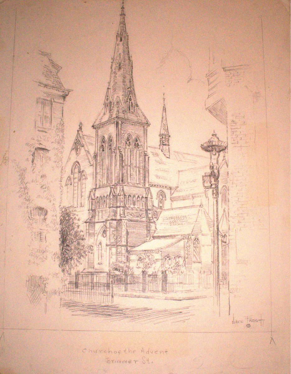 AdventBoston's tweet photo. A sketch of the Church of the Advent from the corner of Brimmer St. by Jack Frost, an artist in the Boston area during the 20th century, well-known for his sketches of historical landmarks in the city.

In 1955 he published a sketchbook entitled “Boston… America’s Home Port.” https://t.co/lgla3SsZ6n