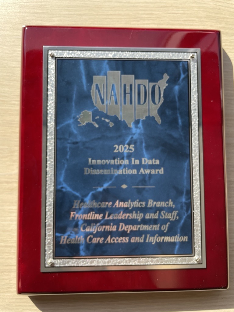 HCAI’s Healthcare Analytics Branch received <a href="/NAHDOnews/">NAHDO</a>’ distinguished Innovation in Data and Dissemination Award! HCAI continues to be a leader in secure health data collection and transparency. Here is some of the work that earned them this award: bit.ly/3C4Q1Fj