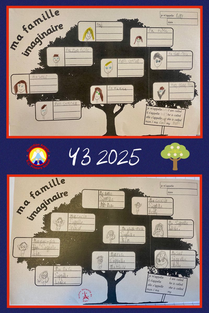 MmeBirtwistle's tweet photo. 🇫🇷KS2 Ma famille imaginaire ! (My imaginary family!) 👨‍👩‍👧‍👦 Y3 children from @GA_Bury have been learning how to introduce different family members focusing on using the possessive adjectives mon, ma and mes (my) correctly ✅. Bravo les enfants !👂🏽🗣️📚📝#primaryfrench @LightBulbLangs https://t.co/1j4evKIaZE