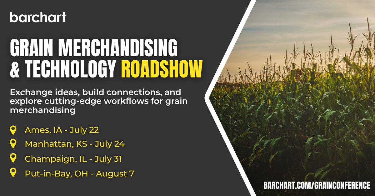 We're hitting the road for our Grain Merchandising &amp; Technology Roadshow, a free, half-day event series bringing modern solutions to grain pros across the Midwest🌾

Join us in Ames, IA, Manhattan, KS, Champaign, IL, or Put-in-Bay, OH!

Register for free👉 barchart.com/solutions/comp…