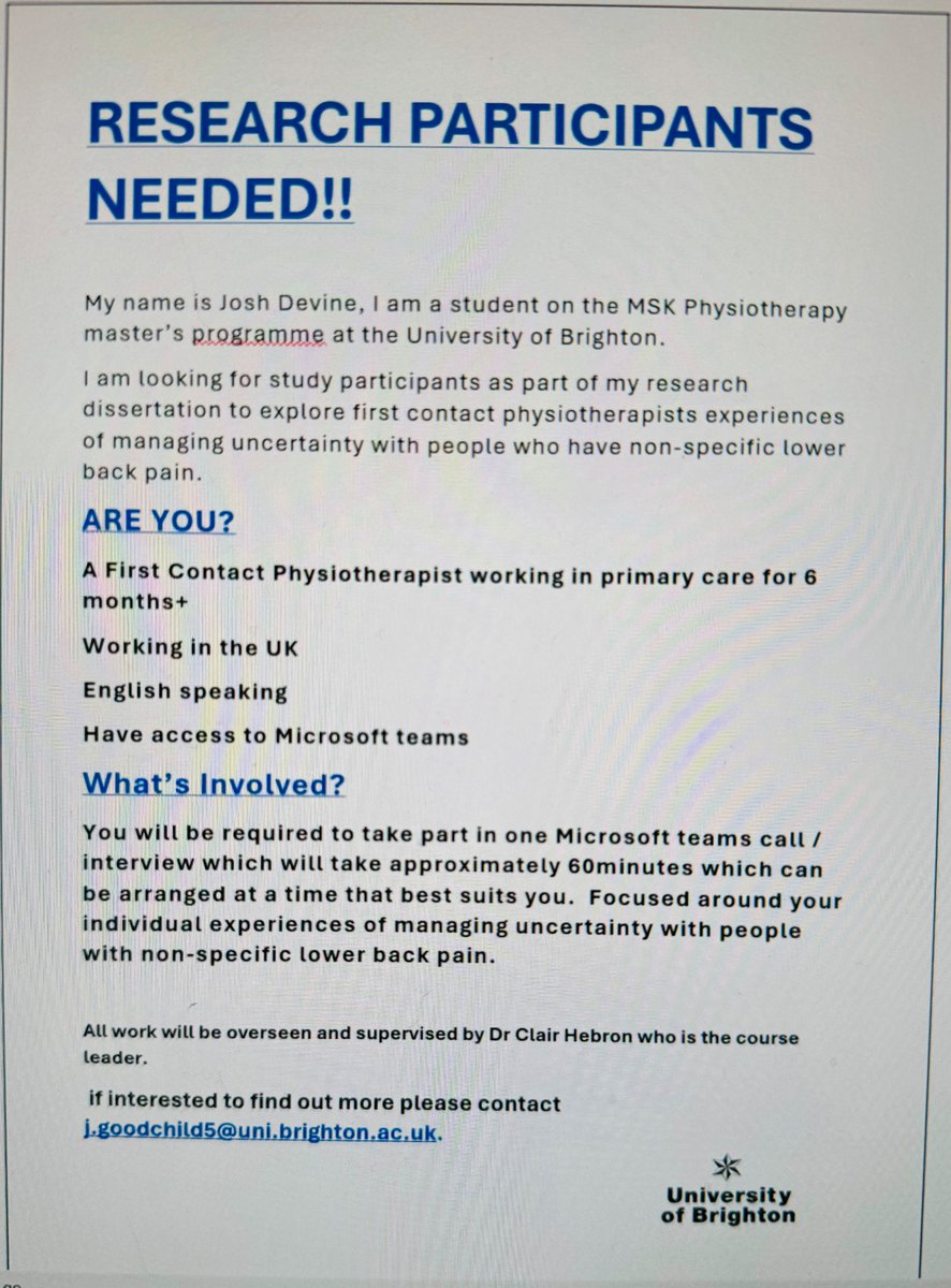 JD (@goodchild1) on Twitter photo Hi, I am looking for First Contact Physiotherapists to participate in a research study for my thesis.
If interested please message or email j.goodchild5@uni.brighton.ac.uk for further information.
<a href="/c_hebron/">Clair Hebron</a> <a href="/thecsp/">Chartered Society of Physiotherapy (CSP)</a> <a href="/PhysioMACP/">MACP</a> <a href="/BrightPhysios/">UoB Physiotherapy</a>
<a href="/Cr19Colette/">Colette Ridehalgh</a>
Please share post Hi, I am looking for First Contact Physiotherapists to participate in a research study for my thesis.
If interested please message or email j.goodchild5@uni.brighton.ac.uk for further information.
<a href="/c_hebron/">Clair Hebron</a> <a href="/thecsp/">Chartered Society of Physiotherapy (CSP)</a> <a href="/PhysioMACP/">MACP</a> <a href="/BrightPhysios/">UoB Physiotherapy</a>
<a href="/Cr19Colette/">Colette Ridehalgh</a>
Please share post