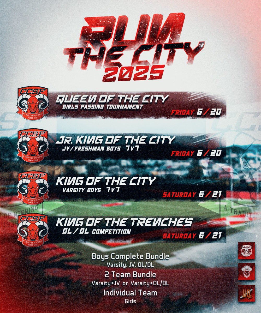 2025 Run the City Weekend is HERE!
June 20th &amp; 21st at City College of San Francisco

Who runs The City? HS girls flag, boys 7-on-7, and big man 5-on-5 trenches — it’s time to COMPETE. 

Lock in your slot NOW — follow the link to register.

eventbrite.com/e/run-the-city…