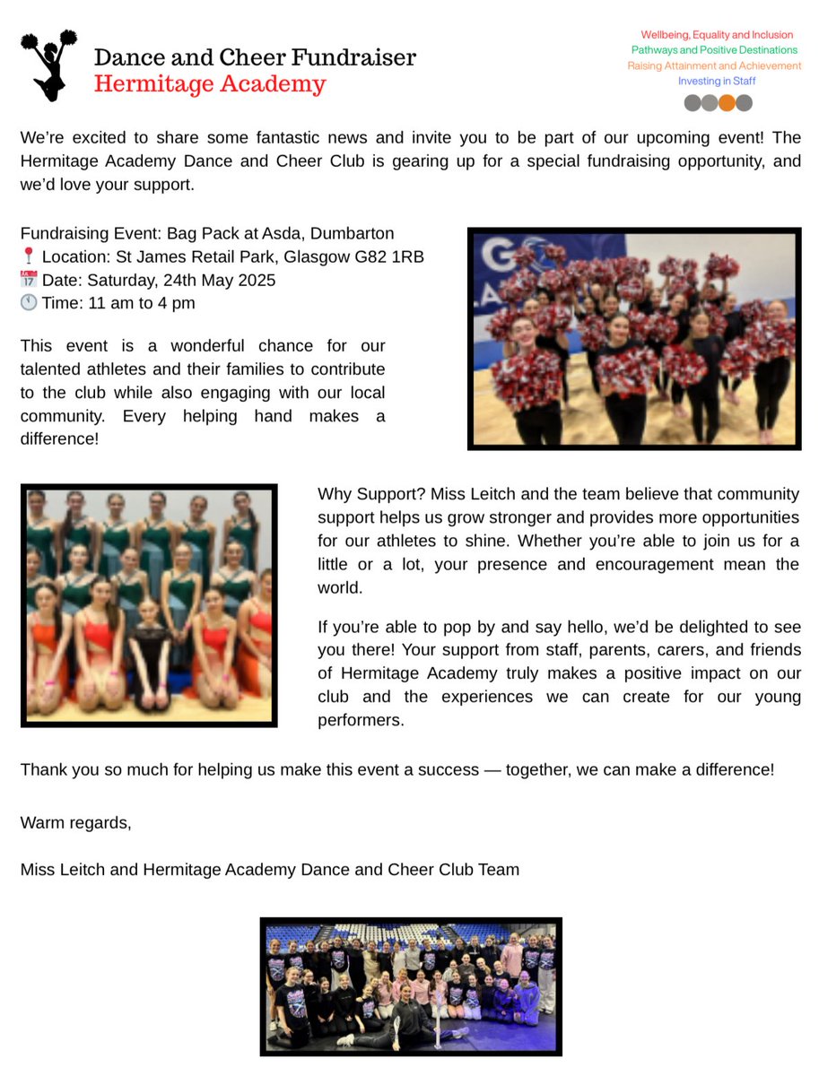 LeitchHMiss's tweet image. 🎉 The Hermitage Academy Dance &amp;amp; Cheer Club is hosting a Bag Pack at Asda Dumbarton on Saturday, 24th May from 11am-4pm! ✨ Come support our talented athletes and help us shine even brighter. Every little bit helps #UNCRCArticle31 ❤️🤍🖤 @HermitageAcad @ABActiveSchools