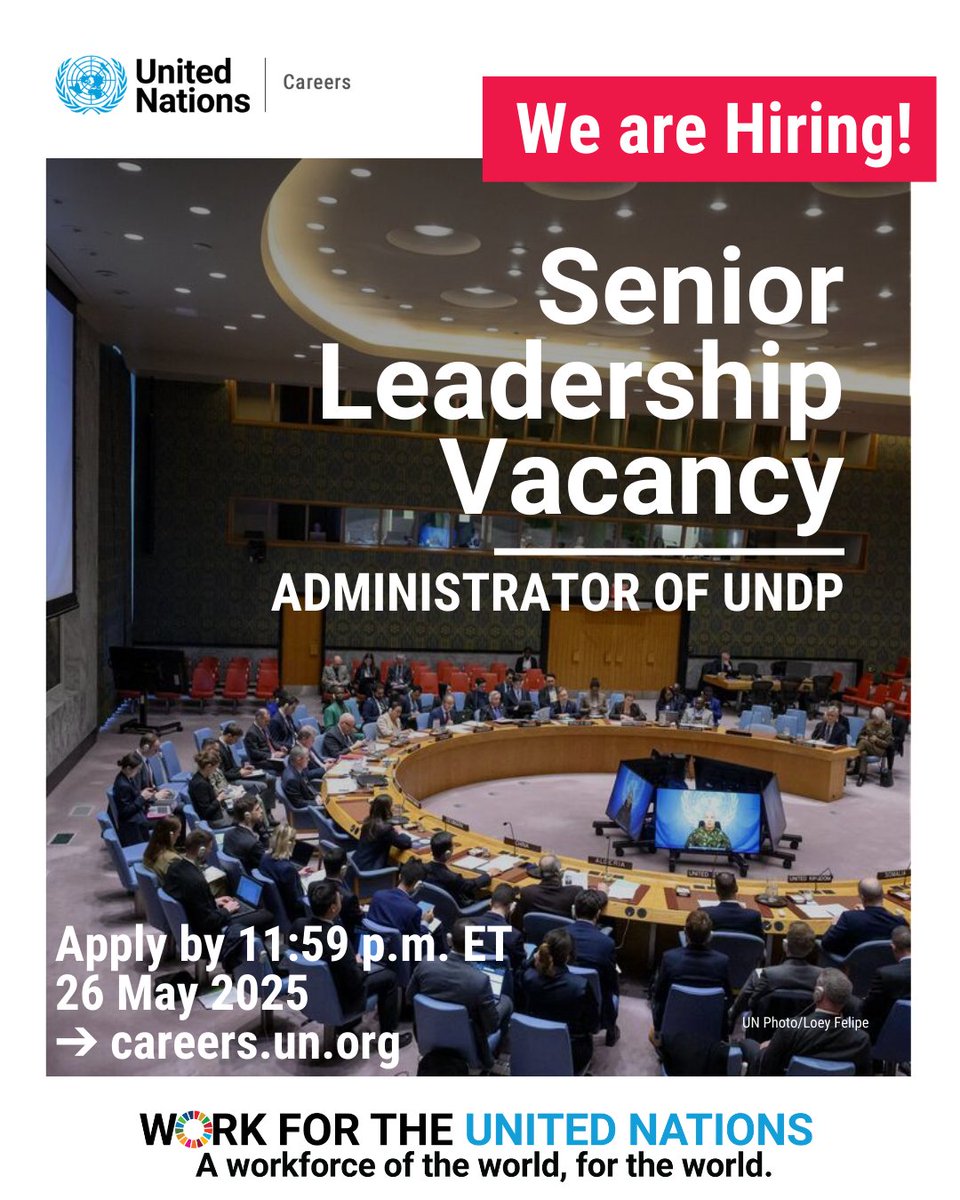 UN Careers (@un_careers) on Twitter photo 🌍 The <a href="/UN/">United Nations</a> is hiring a new Administrator of <a href="/UNDP/">UN Development</a> – a top leadership role shaping sustainable development worldwide.
📍Based in New York
🗓️ Deadline: 26 May 2025
✅ Women candidates encouraged to apply
🔗bit.ly/UNDP_Administr… 🌍 The <a href="/UN/">United Nations</a> is hiring a new Administrator of <a href="/UNDP/">UN Development</a> – a top leadership role shaping sustainable development worldwide.
📍Based in New York
🗓️ Deadline: 26 May 2025
✅ Women candidates encouraged to apply
🔗bit.ly/UNDP_Administr…