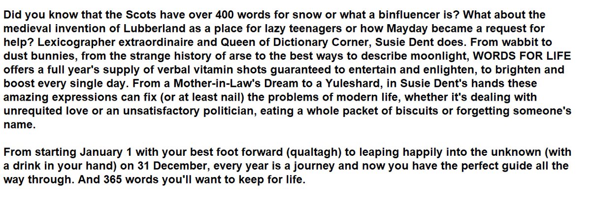 Biggreenbooks's tweet photo. BOOK NEWS!

Susie Dent @susie_dent  has a new book coming out in September.

"Words for Life".

A year's supply of verbal vitamin shots guaranteed to entertain &amp; enlighten!

And Susie will be doing SIGNED &amp; DEDICATED copies exclusively for us!

Order HERE. https://t.co/lIa60aFb7H https://t.co/vuoH3CylbW