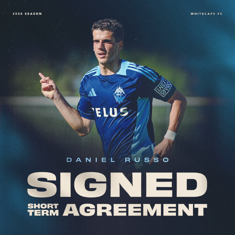 WhitecapsFC's tweet photo. NEWS | ‘Caps have signed @WFC2 defender Daniel Russo to an @MLS short-term agreement for today’s TELUS #CanChamp quarterfinal first leg at Valour FC. ✍️

This marks the first time Russo has signed a short-term agreement with the club. 

#VWFC | #VALvVAN