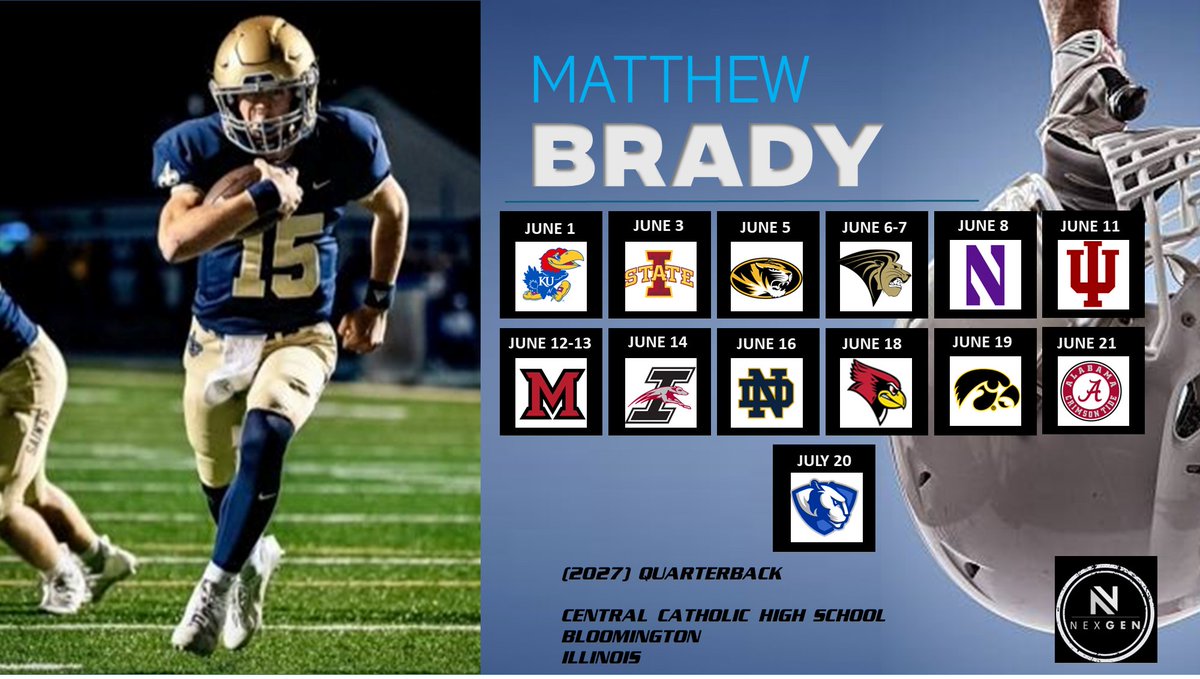 Keith Smilie (@nexgenscouting) on Twitter photo NexGen recruit camp schedule
▶️2027 QB Matthew Brady <a href="/MatthewBrady007/">Matthew Brady</a>
Central Catholic HS <a href="/CCHSsaintsFB/">CCHS Football</a>
Bloomington (IL)
6/1 <a href="/KU_Football/">Kansas Football</a>
6/3 <a href="/CycloneFB/">Iowa State Football</a>
6/5 <a href="/MizzouFootball/">Mizzou Football</a>
6/6-6/7 <a href="/LindenwoodFB/">Lindenwood Football</a>
6/8 <a href="/NUFBFamily/">Northwestern Football</a>
6/11 <a href="/IndianaFootball/">Indiana Football</a>
6/12-6/13 <a href="/MiamiOHFootball/">Miami Football</a>
6/14 NexGen recruit camp schedule
▶️2027 QB Matthew Brady <a href="/MatthewBrady007/">Matthew Brady</a>
Central Catholic HS <a href="/CCHSsaintsFB/">CCHS Football</a>
Bloomington (IL)
6/1 <a href="/KU_Football/">Kansas Football</a>
6/3 <a href="/CycloneFB/">Iowa State Football</a>
6/5 <a href="/MizzouFootball/">Mizzou Football</a>
6/6-6/7 <a href="/LindenwoodFB/">Lindenwood Football</a>
6/8 <a href="/NUFBFamily/">Northwestern Football</a>
6/11 <a href="/IndianaFootball/">Indiana Football</a>
6/12-6/13 <a href="/MiamiOHFootball/">Miami Football</a>
6/14