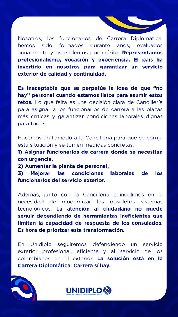unidiplo's tweet photo. Desde @Unidiplo agradecemos a la Cónsul General 
@MariaA_PardoJ por visibilizar una problemática que venimos denunciando hace más de 15 años: los consulados enfrentan una crisis de personal que afecta a los migrantes colombianos. Aquí nuestra respuesta ⬇️ #CarreraSíHay https://t.co/w59bR1aYeU