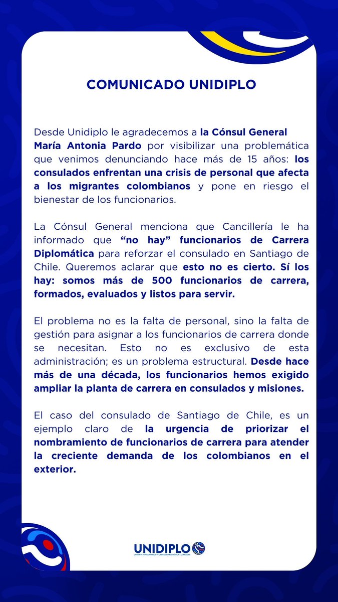 unidiplo's tweet photo. Desde @Unidiplo agradecemos a la Cónsul General 
@MariaA_PardoJ por visibilizar una problemática que venimos denunciando hace más de 15 años: los consulados enfrentan una crisis de personal que afecta a los migrantes colombianos. Aquí nuestra respuesta ⬇️ #CarreraSíHay https://t.co/w59bR1aYeU
