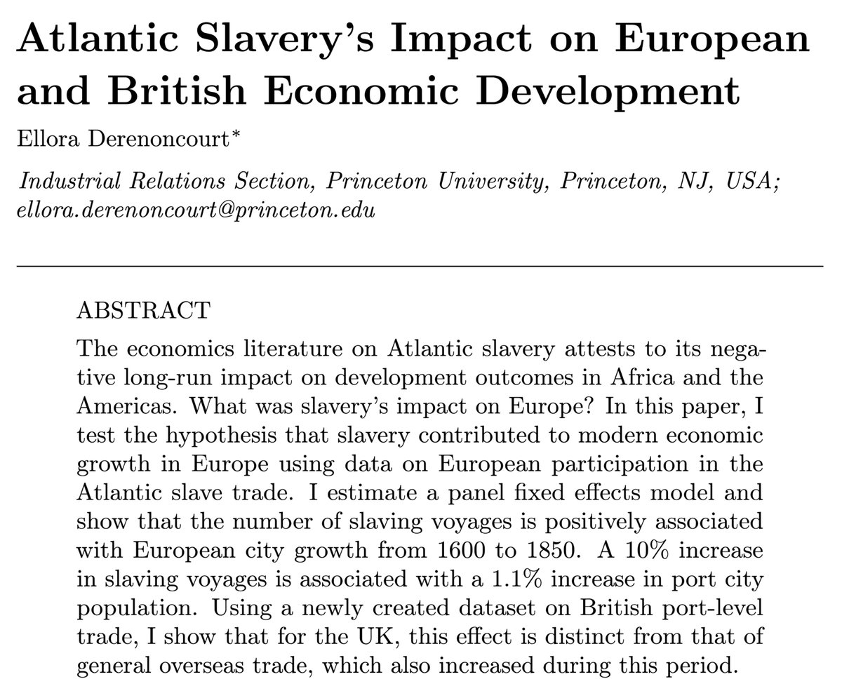 JHPE_journal's tweet image. New in @JHPE_journal: @EDerenoncourt tests the hypothesis that slavery contributed to modern economic growth in Europe using data on European participation in the Atlantic slave trade. nowpublishers.com/article/Detail…