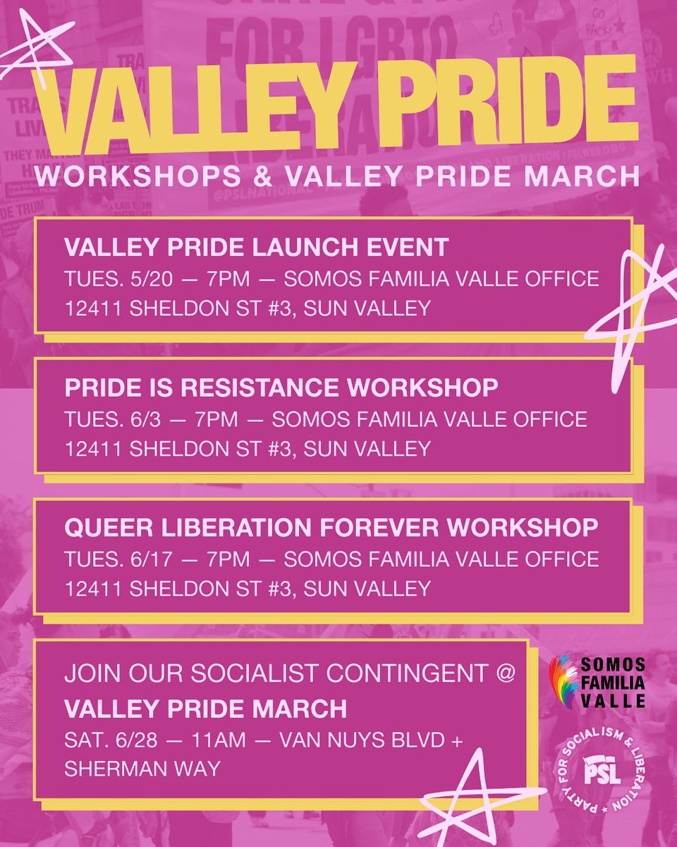 Pride is protest and we demand Queer Liberation for all! Join us at our upcoming Valley PRIDE Organizing meetings where we will provide a political analysis of the government’s ongoing attacks against LGBTQIA+ people, learn about the revolutionary history of LGBTQIA+ community!