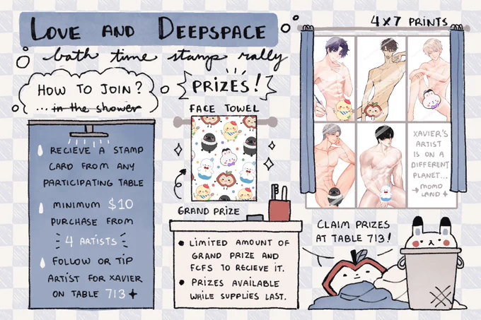 IT'S BATHTIME-//SLAPPED
Forced my friends to do this lads rally with me for fanime!!!! Come by and participate to get a chance to win prints and even a towel (while supplies last 💦) 

Participating artists:
@otakupup
@bunbun_mii 
@_pakeji 
@rourouki 
@kyupls 

#LoveandDeepspace 