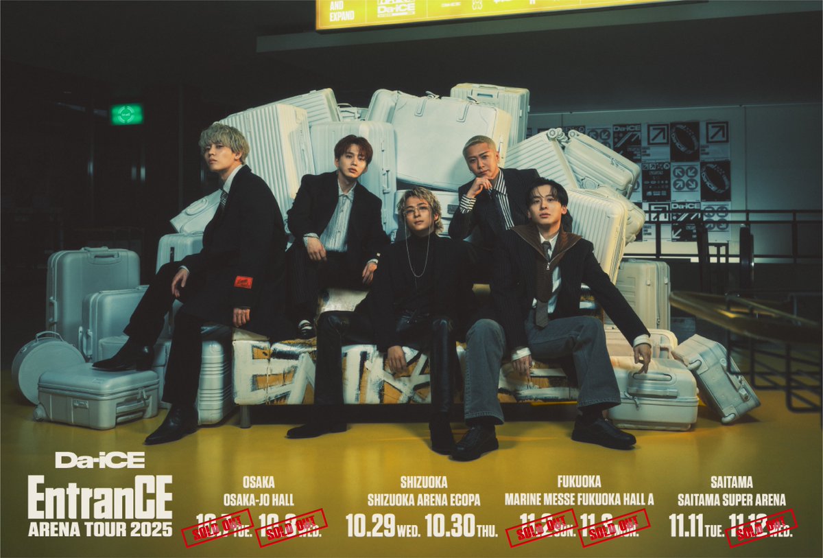 Da_iCE_STAFF's tweet photo. 【チケット情報】
自身最大規模の全国アリーナツアー
「Da-iCE ARENA TOUR 2025 -EntranCE-」
https://t.co/2ZSa13lP0m

大変ご好評につき、
11/3(月・祝)福岡公演もSOLD OUT！

本日5/21(水)15:00〜
プレイガイド先着先行スタート！
https://t.co/g7OlyFfeCz
※予定枚数に達し次第販売終了となります。

＜対象公演＞
10/29(水)静岡
10/30(木)静岡
11/11(火)埼玉

#Da_iCE #EntranCE