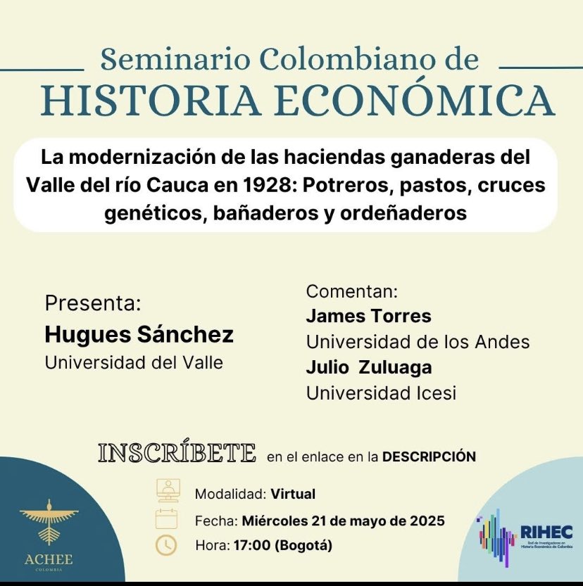 James Torres (@jamesquipile) on Twitter photo Mañana nueva jornada del seminario virtual de la <a href="/asocolhee/">ACHEE</a> y la <a href="/RedEconomica/">RED DE INVESTIGADORES HISTORIA ECONÓMICA</a>. Con <a href="/JulioC_Zuluaga/">Julio Cesar Zuluaga</a>, comentaremos este importante avance sobre las haciendas ganaderas en el Valle del Cauca de H Sánchez. Mañana nueva jornada del seminario virtual de la <a href="/asocolhee/">ACHEE</a> y la <a href="/RedEconomica/">RED DE INVESTIGADORES HISTORIA ECONÓMICA</a>. Con <a href="/JulioC_Zuluaga/">Julio Cesar Zuluaga</a>, comentaremos este importante avance sobre las haciendas ganaderas en el Valle del Cauca de H Sánchez.