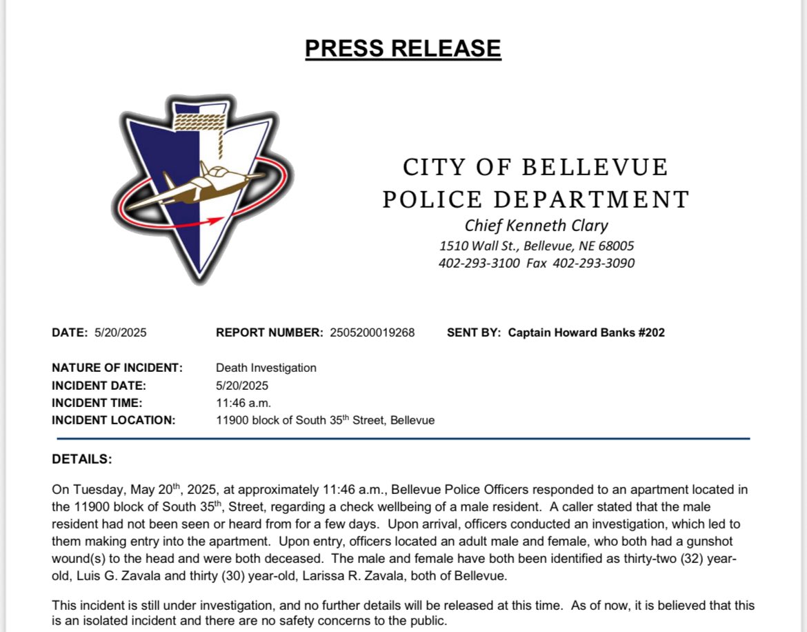 DETAILS:
On Tuesday, May 20th, 2025, at approximately 11:46 a.m., Bellevue Police Officers responded to an apartment located in the 11900 block of South 35th, Street, regarding a check wellbeing of a male resident. A caller stated that the male resident had not been seen or heard