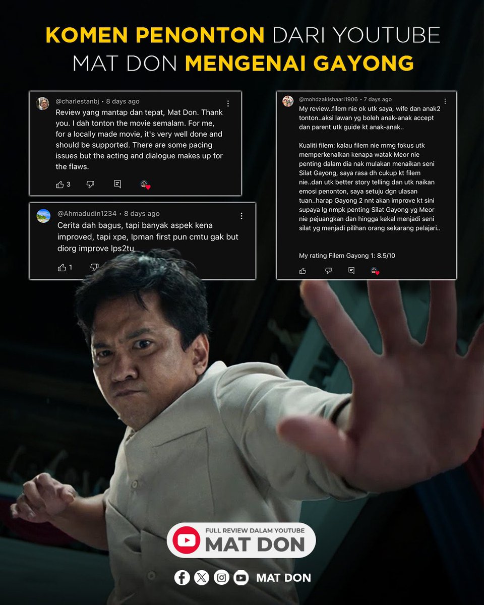 Mat Don π²πΎ (@don_aziz) on Twitter photo Antara komen penonton di Youtube Mat Don mengenai filem Gayong (2025). Bagi yang belum menonton, pergi tonton sekarang sementara masih ada. Pengalaman menonton di panggung tak sama dengan skrin telefon atau kaca TV.
<a href="/Beto_Kusyairy/">Beto Kusyairy</a> <a href="/abilsuhaimi/">Nabila Huda</a>
#sinematdon Antara komen penonton di Youtube Mat Don mengenai filem Gayong (2025). Bagi yang belum menonton, pergi tonton sekarang sementara masih ada. Pengalaman menonton di panggung tak sama dengan skrin telefon atau kaca TV.
<a href="/Beto_Kusyairy/">Beto Kusyairy</a> <a href="/abilsuhaimi/">Nabila Huda</a>
#sinematdon