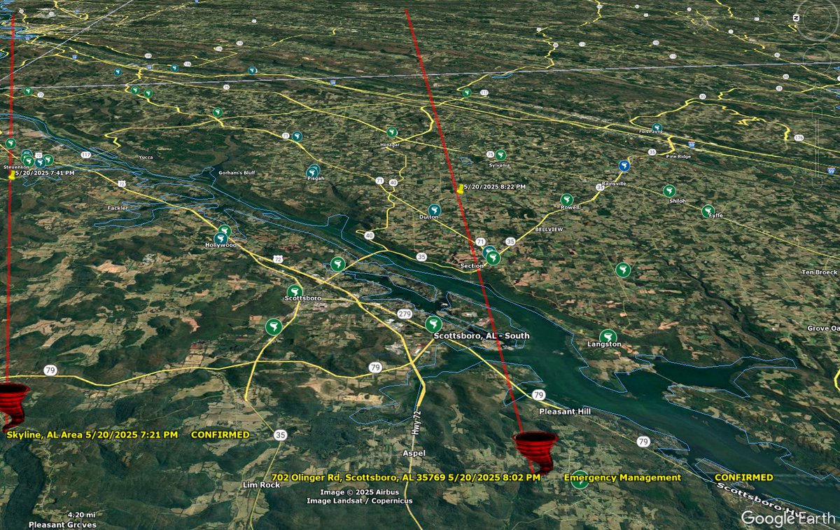STORM_GPS_2's tweet image. At 801 PM CDT , a confirmed tornado was located near Grant , or 9 miles southwest of Scottsboro , moving east at 40 Miles Per Hour. #alwx
