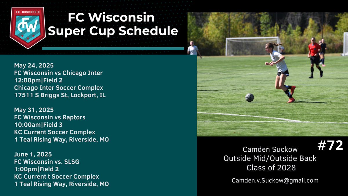 Heading to Chicago this weekend and Kansas City next weekend for my next FC Wisconsin Super Cup games!  Can’t wait! <a href="/FCW_ECNL/">FC Wisconsin Girls Soccer</a> <a href="/ECNLgirls/">ECNL Girls</a> <a href="/ImYouthSoccer/">ECNL/GA/Recruiting/College Soccer</a> <a href="/TheSoccerWire/">SoccerWire</a> <a href="/PrepSoccer/">Prep Soccer ⚽️</a> <a href="/TopDrawerSoccer/">TopDrawerSoccer</a> <a href="/levelonesoccer/">Level One Soccer</a> <a href="/ImCollegeSoccer/">College Soccer Truth ™</a>