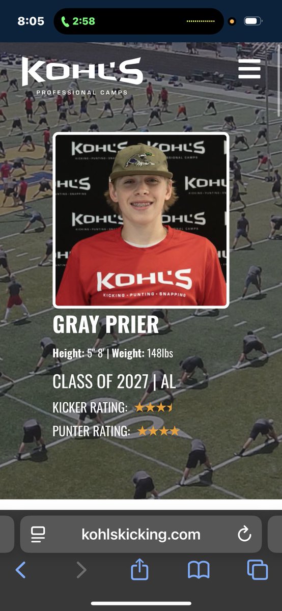 Gray Prier (@grayprier) on Twitter photo Competed at the Kohls Showcase this weekend in Atlanta. Proud to say that I am now a 4⭐️ Punter, and I stayed a 3 1/2⭐️ Kicker.
<a href="/RecruitTheHills/">RECRUIT VESTAVIA</a> <a href="/trlong02/">Ty Long</a> <a href="/KyleCoale/">kyle coale</a> <a href="/AL7AFootball/">Alabama7AFootball</a> <a href="/1rebelfootball/">Vestavia Hills Football</a> <a href="/KohlsKicking/">Kohl's Kicking Camps</a> <a href="/KohlsHighlights/">Kicking, Punting, Long Snapping Highlights</a> Competed at the Kohls Showcase this weekend in Atlanta. Proud to say that I am now a 4⭐️ Punter, and I stayed a 3 1/2⭐️ Kicker.
<a href="/RecruitTheHills/">RECRUIT VESTAVIA</a> <a href="/trlong02/">Ty Long</a> <a href="/KyleCoale/">kyle coale</a> <a href="/AL7AFootball/">Alabama7AFootball</a> <a href="/1rebelfootball/">Vestavia Hills Football</a> <a href="/KohlsKicking/">Kohl's Kicking Camps</a> <a href="/KohlsHighlights/">Kicking, Punting, Long Snapping Highlights</a>