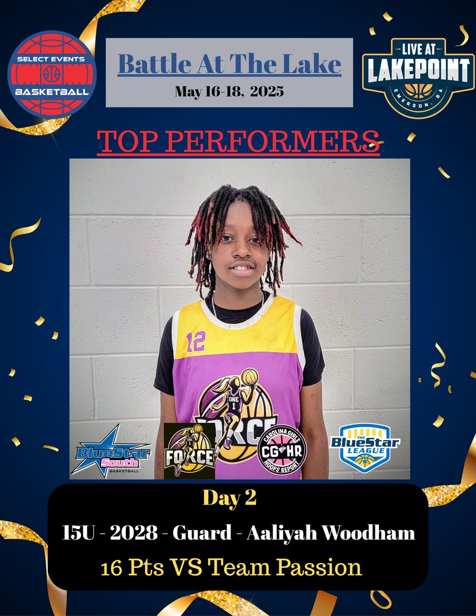 🏀 #CGHRMedia

#BattleAtTheLake
<a href="/SelectEventsBB/">Select Events Basketball</a>

FINAL
<a href="/OneForceWbb/">One Force</a> 15U - 39
VS
#TeamPassion - 23

#OneForce
2028 - Aaliyah Woodham  - 16 Pts ( 2 - 3Ptrs)

2028 - Amaria Anderson  - 8 Pts ( 2 - 3Ptrs)

#DaFuture #TheCarolinas 
#BlueStarSouth #SCBallers
#CarolinaGirlsHoopsReport