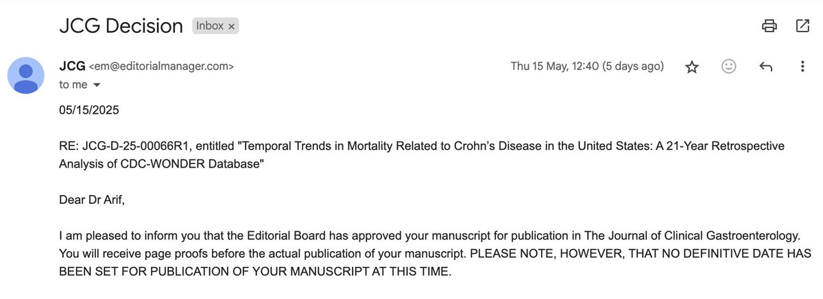 Taha Bin Arif, MD (@tahabinarifmd) on Twitter photo Small Wins ‼️
Happy to share the acceptance of our article in the Journal of Clinical Gastroenterology on 21-Year analysis of Crohn's disease mortality in the United States using the CDC-WONDER database 📊
Thank you <a href="/AsadurRahman87/">Asad ur Rahman, MD, FACP</a> for your constant support and mentorship 🌟 Small Wins ‼️
Happy to share the acceptance of our article in the Journal of Clinical Gastroenterology on 21-Year analysis of Crohn's disease mortality in the United States using the CDC-WONDER database 📊
Thank you <a href="/AsadurRahman87/">Asad ur Rahman, MD, FACP</a> for your constant support and mentorship 🌟