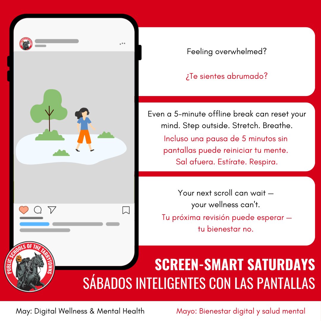 ufsdtarrytowns's tweet photo. Feeling overwhelmed? 😵‍💫
Even a 5-minute offline break can reset your mind. 🧘
Step outside. Stretch. Breathe. 🌳
Your next scroll can wait — your wellness can't. ❤️
#ScreenSmartSaturdays https://t.co/SvCBnQetC9
