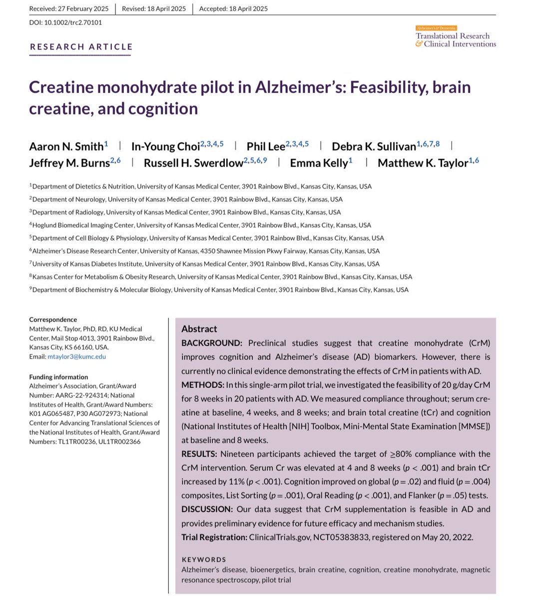 Brady_H's tweet photo. Creatine monohydrate supplementation shows promising potential to boost brain creatine levels and improve cognition in Alzheimer’s disease patients.🧠💡

This discovery comes from an 8-week, single-arm pilot trial by the University of Kansas Medical Center, involving 20 Alzheimer’s patients aged 60–90 who were supplemented with 20g/day of CrM.

Compliance was tracked via self-reports and serum creatine levels. Brain creatine and cognition were measured using magnetic resonance spectroscopy and tools like the NIH Toolbox.🔬

•19 of 20 participants achieved ≥80% compliance ✅
• Serum creatine levels ⬆️ over 23-fold by 8 weeks
• Brain total creatine (tCr) ⬆️ 11%
 • Global cognition ⬆️ 4.4%
 • Fluid cognition ⬆️ 7.4%
 • List sorting working memory ⬆️ 12.1%
 • Oral reading recognition ⬆️ 5.1%
 • Inhibitory control & attention showed a trending improvement of 7.2%

These results suggest CrM is feasible and may enhance brain energy and cognition in Alzheimer’s, warranting larger trials.