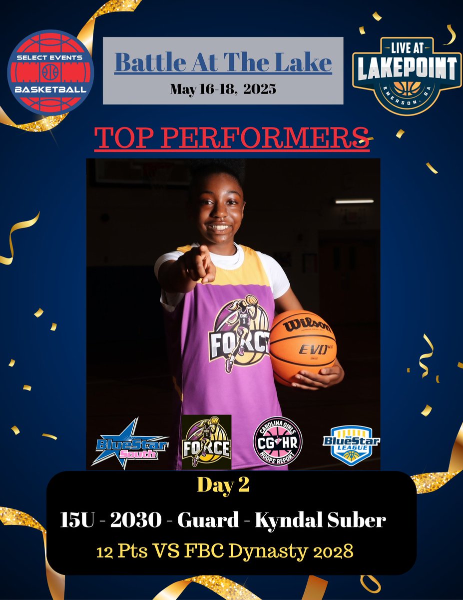 🏀 #CGHRMedia

#BattleAtTheLake
<a href="/SelectEventsBB/">Select Events Basketball</a>

FINAL
<a href="/OneForceWbb/">One Force</a> 15U - 41
VS
#FBCDynasty 2028 - 20

#OneForce
2030 - Kyndal Suber  - 12 Pts ( 2 - 3Ptrs)

2028 - Aaliyah Woodham  - 10 Pts

2029 - Carter Crayton - 7 Pts

#BlueStarSouth #DaFuture 
#CarolinaGirlsHoopsReport
