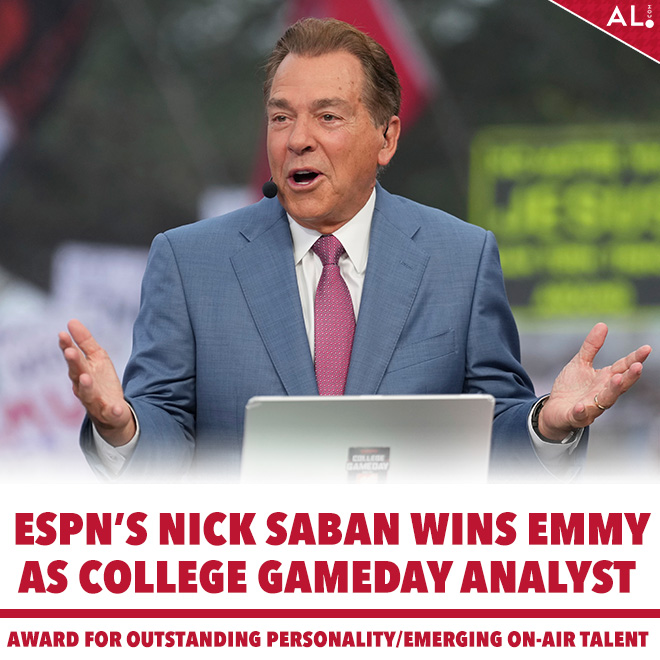 The man who won six national championships as head coach for Alabama football will have to find room for one more piece of hardware.

ESPN analyst Nick Saban has won a Sports Emmy for outstanding personality/emerging on-air talent. #RollTide