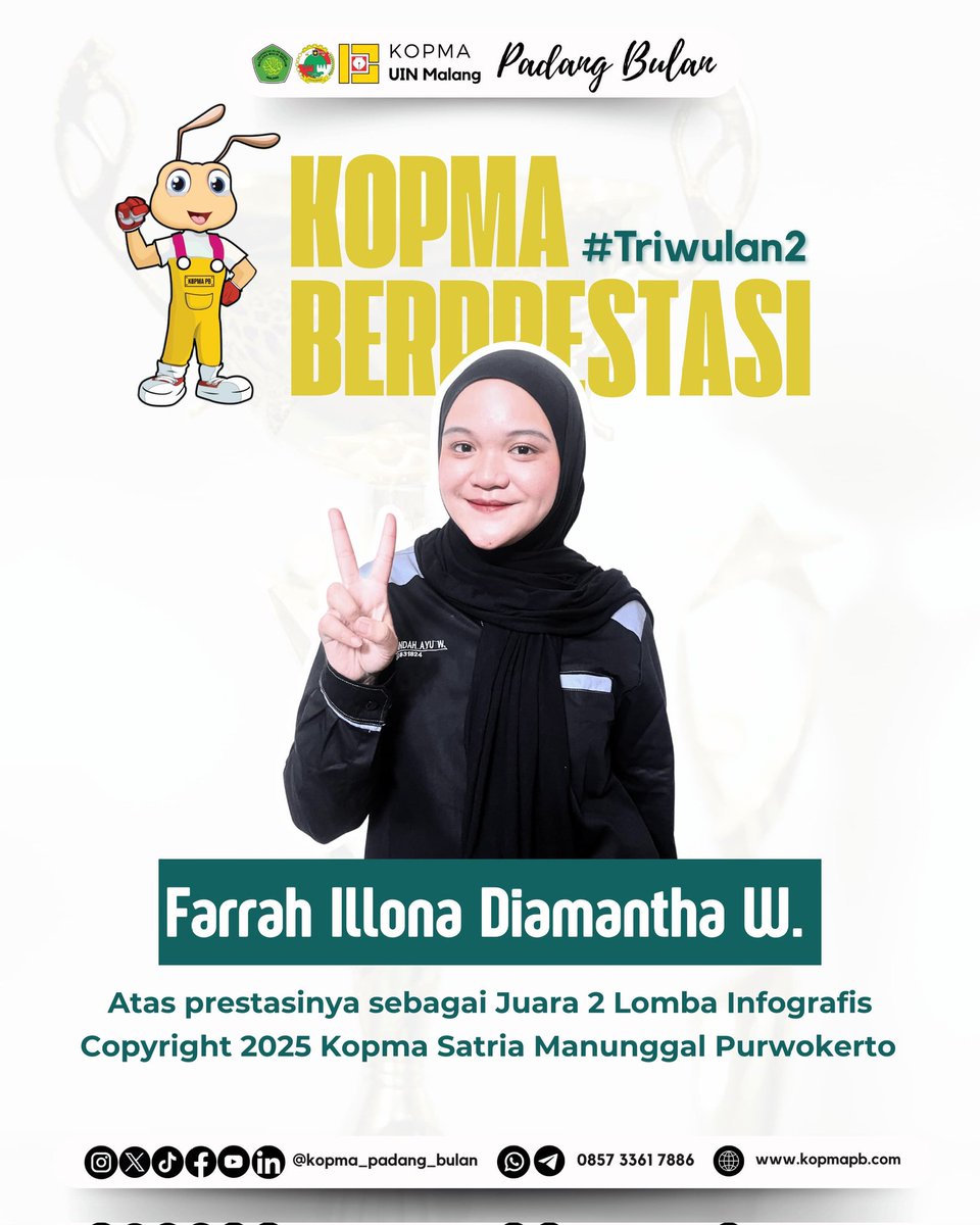 kopma_pb's tweet photo. 🎉CONGRATULATIONS🎉
🏅Farrah Illona 
Diamantha Widyandanu
(Anggota Diklatsarkop XXV) 
Selamat atas pencapaian sebagai Juara 2 Lomba Infografis dalam acara milad Koperasi 'Kopma Satria Manunggal' Purwokerto
Prestasi kalian sangat membanggakan! Semoga https://t.co/iwHJtILqjm