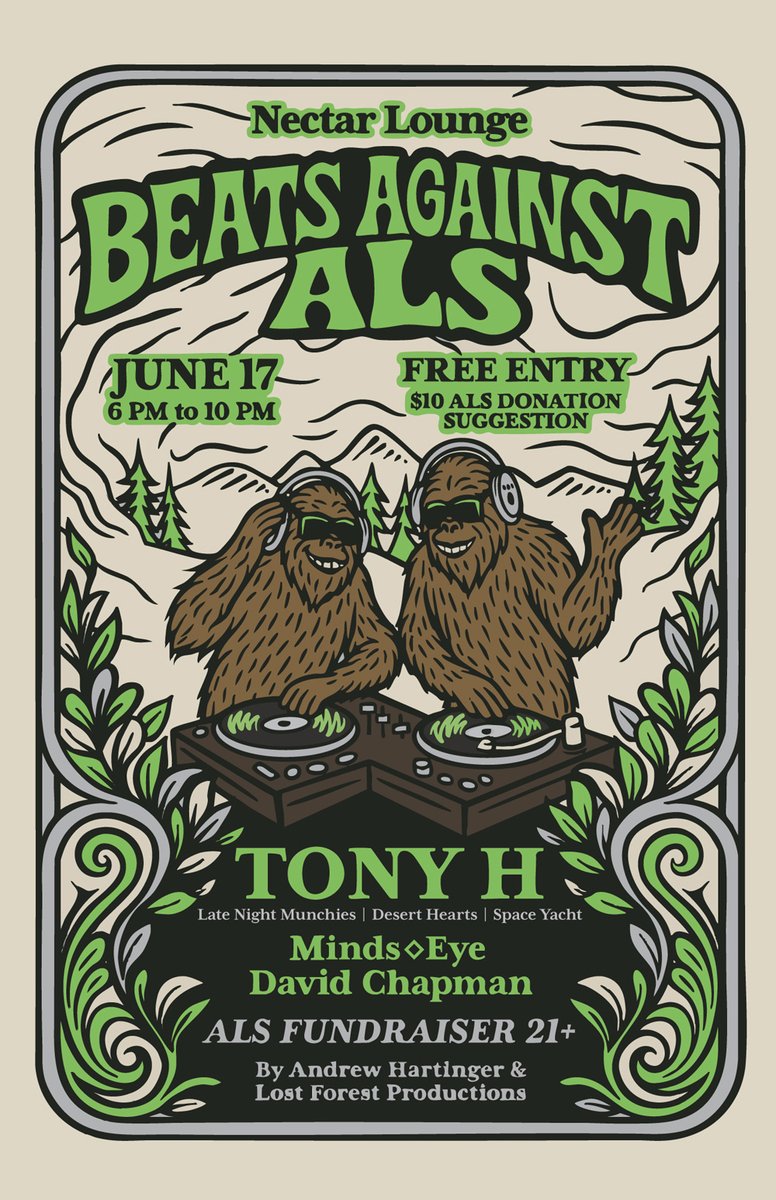 BEATS AGAINST ALS 🎶
Andrew Hartinger &amp; Lost Forest Productions present a benefit show for The ALS Association. Featuring: Tony H, Minds Eye, David Chapman!

📅 Tuesday, June 17
⏰ 6–10PM | 21+
📍 Nectar Lounge
🎶 No cover | $10 suggested
🎟️ RSVP &amp; info: tixr.com/e/142903