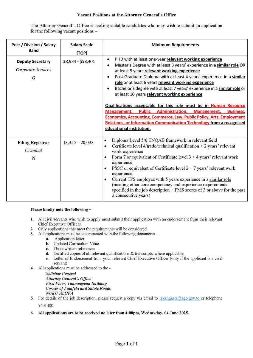 Lakanga 'ata 'i he 'Ofisi 'o e 'Ateni Seniale.
1. Deputy Secretary
2. Filing Registrar
ago.gov.to/cms/about/care…