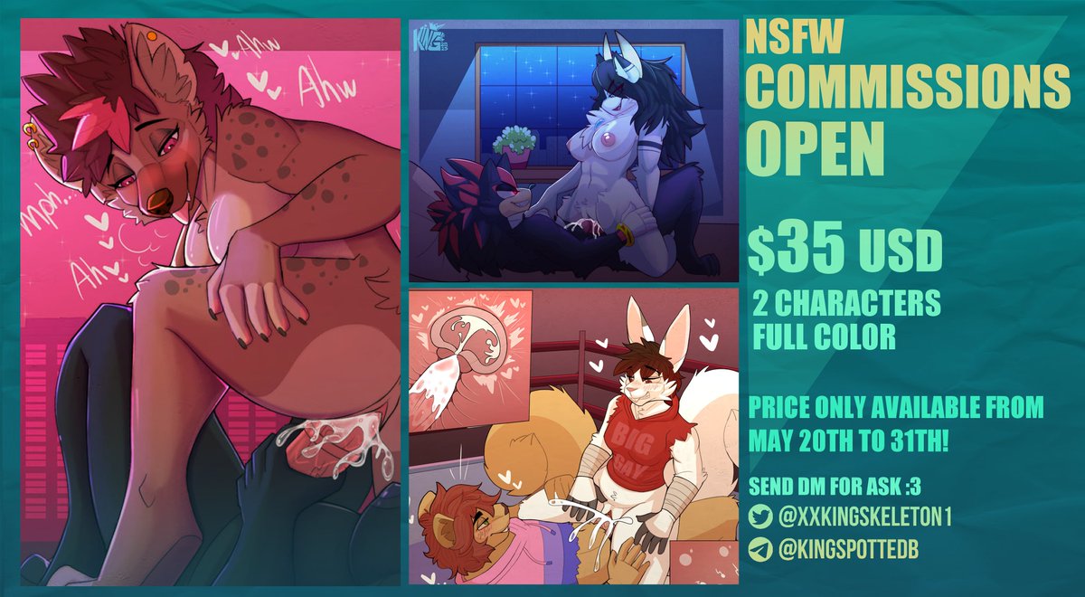 🎨 KING COMMISSIONS NSFW ! 🎨
✨ 1 piece NSFW with 2 characters for just $35 in full color with a simple background.
✨ Dm for more information :3 @KingspottedB or check my channel t.me/KingSpottedArt
📅 Offer valid from May 20th to  31th. Don’t miss out!