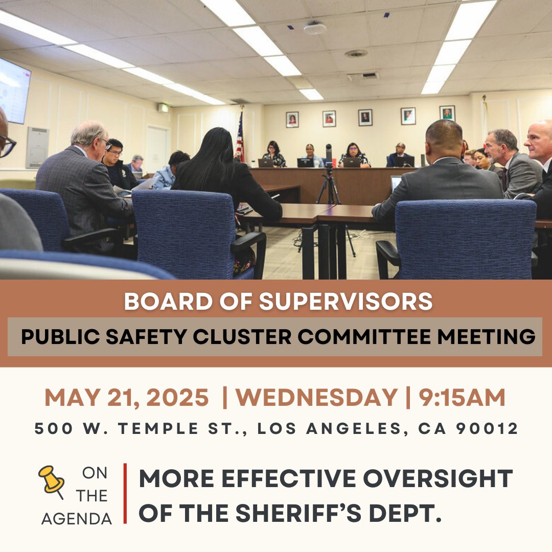 Tune in on May 21, 9:15 a.m., when the Board of Supervisors Public Safety Cluster Committee hears from the Sheriff on proposed changes that would make the Sheriff Civilian Oversight Commission more effective:
file.lacounty.gov/SDSInter/ceo/a…