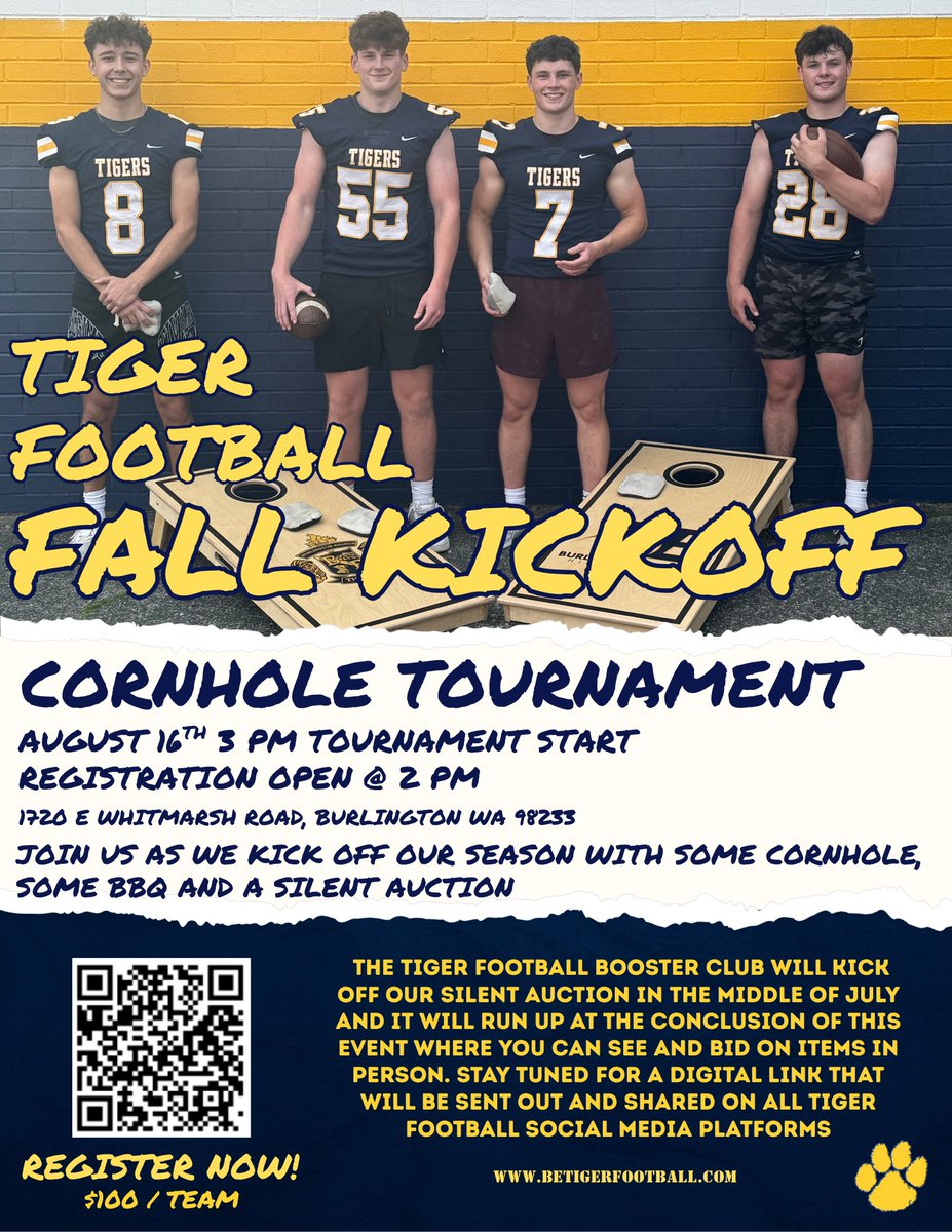 Tiger Football is hosting a Cornhole tournament and BBQ to kickoff the season.  Come compete and support the boys before we get into fall camp.  

When: August 16th

Register Now!

betigerfootball.com/fall-kickoff