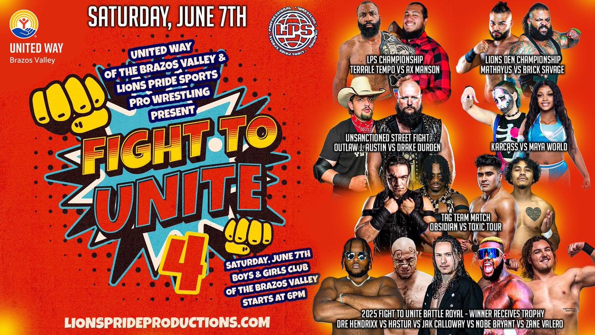 LIONS PRIDE SPORTS (@lionspridetx) on Twitter photo Our annual fundraiser in partnership with
the <a href="/UnitedWayBV/">United Way BV</a> is just around the corner!
On June 7, we bring you #FightToUnite4 from the Boys and Girls Club of the Brazos Valley!
Come out and help us support our community!
TICKETS: LionsPrideProductions.com Our annual fundraiser in partnership with
the <a href="/UnitedWayBV/">United Way BV</a> is just around the corner!
On June 7, we bring you #FightToUnite4 from the Boys and Girls Club of the Brazos Valley!
Come out and help us support our community!
TICKETS: LionsPrideProductions.com