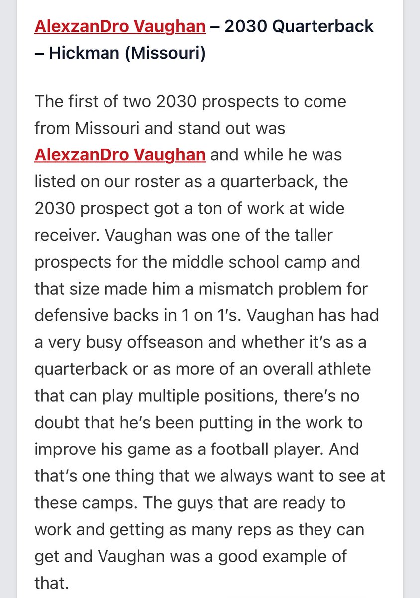 AlexzanDro “A.J” Vaughan (@ajvaughan_573) on Twitter photo S/o to <a href="/PRZMichaelK/">Michael Knight</a> for the <a href="/PrepRedzoneOK/">Prep Redzone Oklahoma</a> write-up!
I strive to be classified as an “Athlete” coming out of MO c/o 2030. More motivation to grind harder each & every day!
AlexzanDro “AJ” Vaughan
ATH
Columbia, MO
c/o 2030
<a href="/JPRockMO/">JP Rock</a> <a href="/ArlenHarrisSr/">Arlen Harris Sr.</a> <a href="/PRZMichaelK/">Michael Knight</a> <a href="/The_onlyAjReed/">Allen Reed</a> S/o to <a href="/PRZMichaelK/">Michael Knight</a> for the <a href="/PrepRedzoneOK/">Prep Redzone Oklahoma</a> write-up!
I strive to be classified as an “Athlete” coming out of MO c/o 2030. More motivation to grind harder each & every day!
AlexzanDro “AJ” Vaughan
ATH
Columbia, MO
c/o 2030
<a href="/JPRockMO/">JP Rock</a> <a href="/ArlenHarrisSr/">Arlen Harris Sr.</a> <a href="/PRZMichaelK/">Michael Knight</a> <a href="/The_onlyAjReed/">Allen Reed</a>