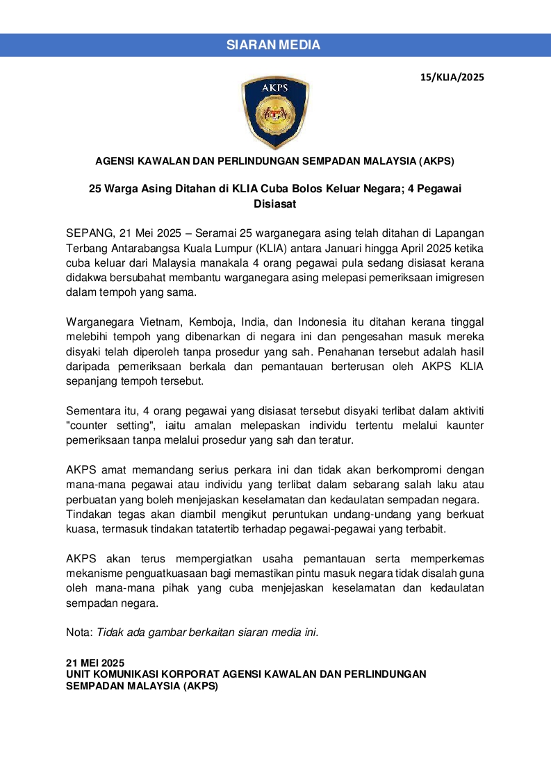 akpsklia's tweet photo. SIARAN MEDIA : AKPS Tahan 25 Warga Asing di KLIA Cuba Bolos Keluar Negara ; 4 Pegawai Disiasat
#malaysiamadani
#MyBorderPass
#MudahPantasSelamat
#JimatMasa
#imigresen
#akpsklia https://t.co/D6JOKs5xyy