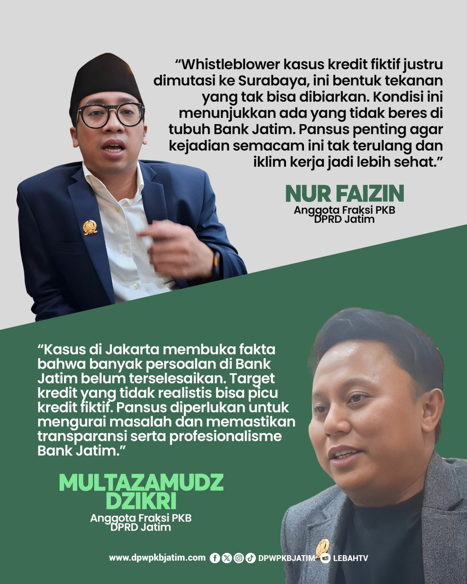 “Pansus dibutuhkan agar masalah tak terus berulang dan iklim kerja jadi lebih sehat.”
— Nur Faizin

“Banyak persoalan di Bank Jatim belum selesai. Pansus akan bantu mengurai dan memastikan transparansi.”
— Multazamudz Dzikri