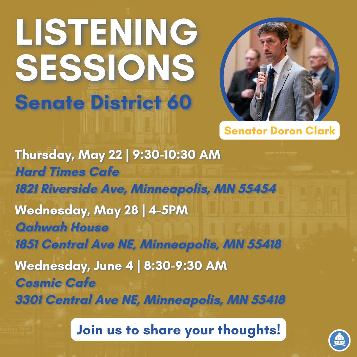 SenDoronClark's tweet image. I want to hear from you!
As we head into the special session, I'm hosting listening sessions across Senate District 60 to hear your thoughts and concerns.
See you soon!