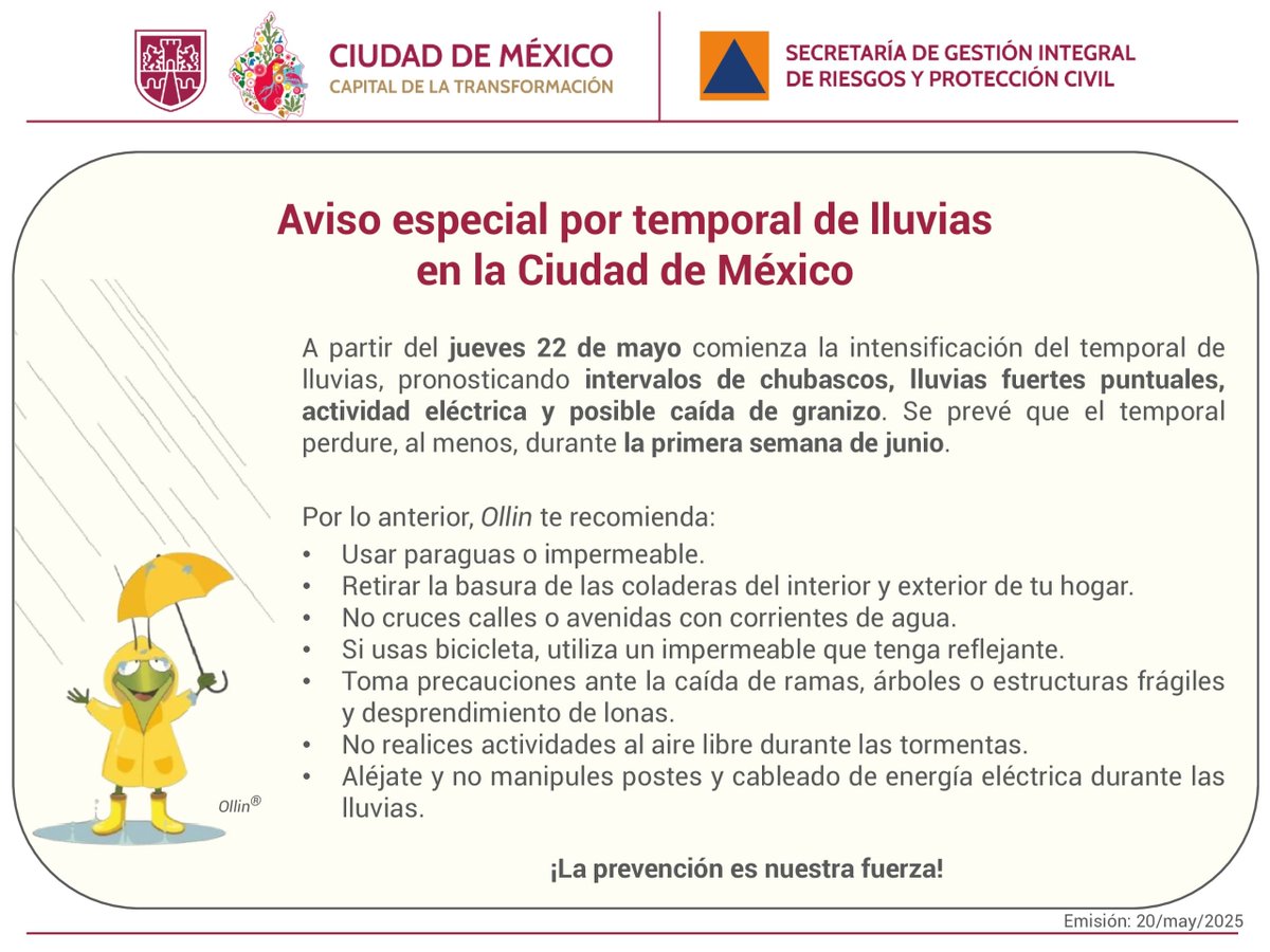⏺️Aviso Especial

A partir del jueves 22 de mayo comienza la intensificación del temporal de lluvias.

Se prevén intervalos de chubascos, lluvias fuertes puntuales, actividad eléctrica y posible caída de granizo en la capital del país.

Toma tus precauciones y mantente informado.