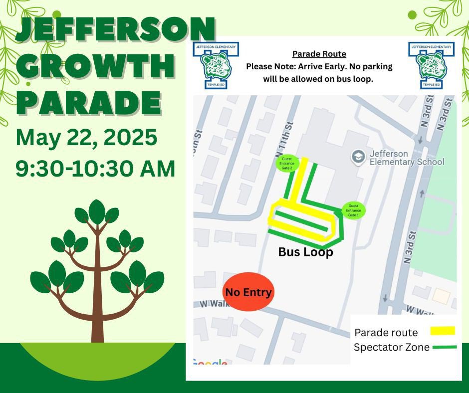 The Jefferson Growth Parade is this Thursday, May 22nd!
Come cheer on our Jaguars as we honor all the hard work and progress made this year!
Let’s celebrate together!
#JESPride #GrowthParade
📣🎉🐾 <a href="/TempleISD/">Temple ISD</a> <a href="/OttTempleISD/">Bobby Ott</a>