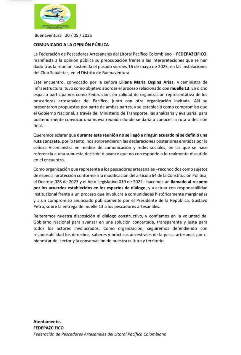 fedepazcifico's tweet photo. Seguiremos defendiendo con responsabilidad nuestros derechos por el fortalecimiento de la pesca @petrogustavo @MCarvajalino @renamupes https://t.co/GpOmc3Z8sE